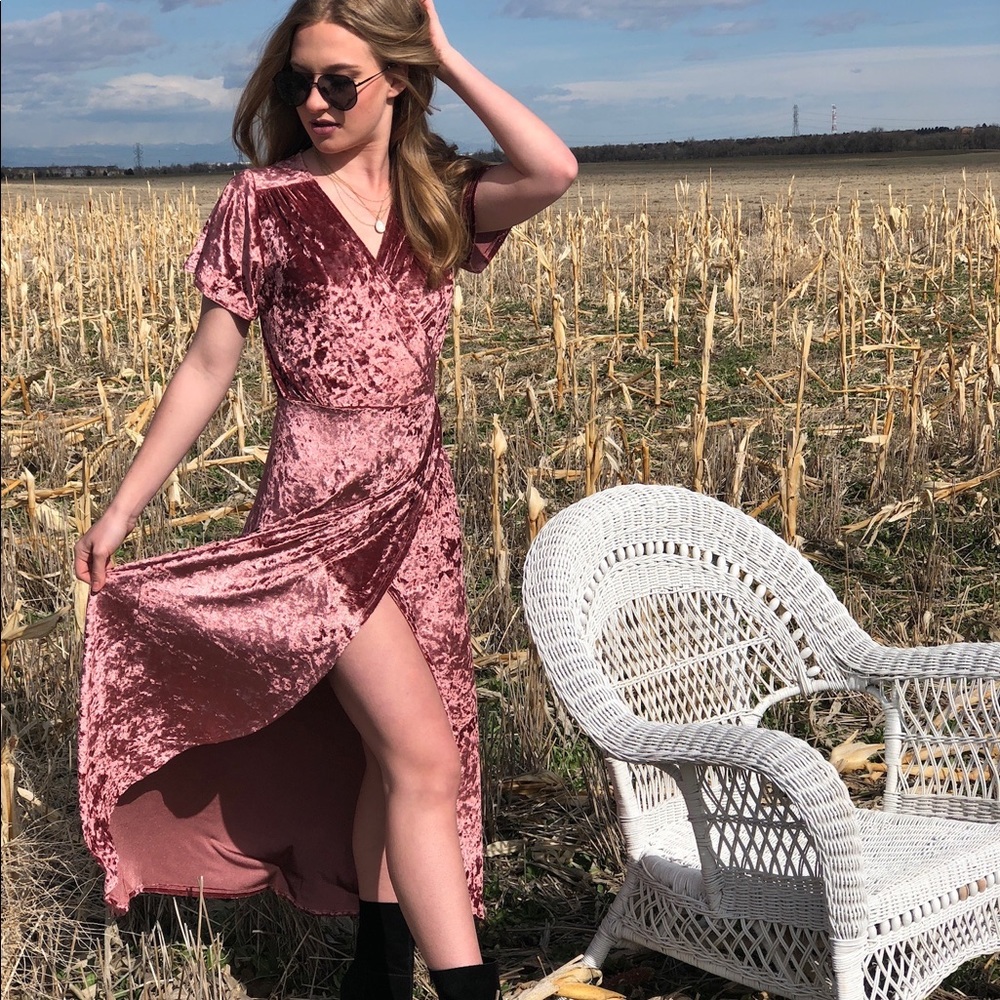 Pink Crushed Velvet Maxi Wrap Dress